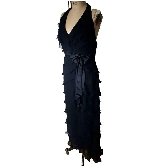TADASHI Shoji vintage silk maxi black tiered ruffle halter cocktail dress gown - Picture 5 of 12
